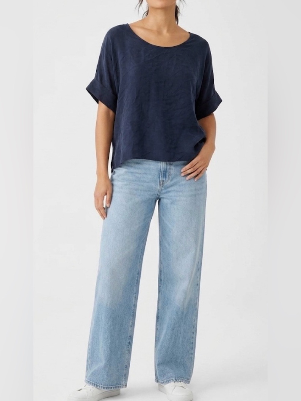 Natalie Busby Minimalist Cupro Boxy Tee Blouse Navy XL